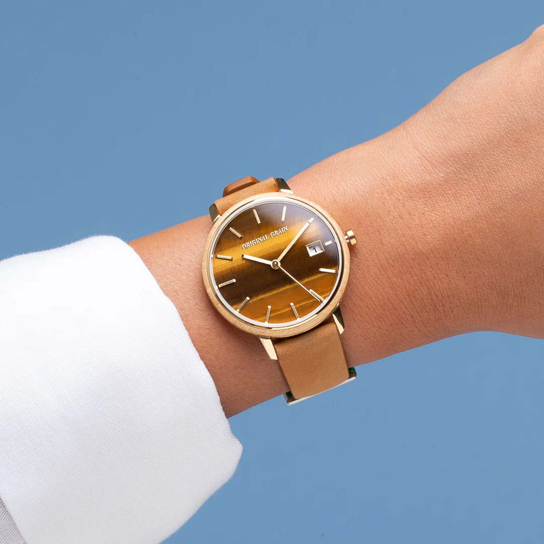 Bamboo Gold Tigers Eye Womens Modern Minimal 36mm - Image 3