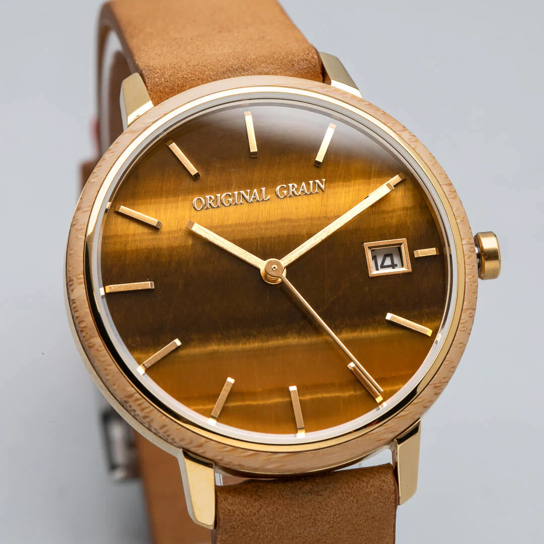 Bamboo Gold Tigers Eye Womens Modern Minimal 36mm - Image 4