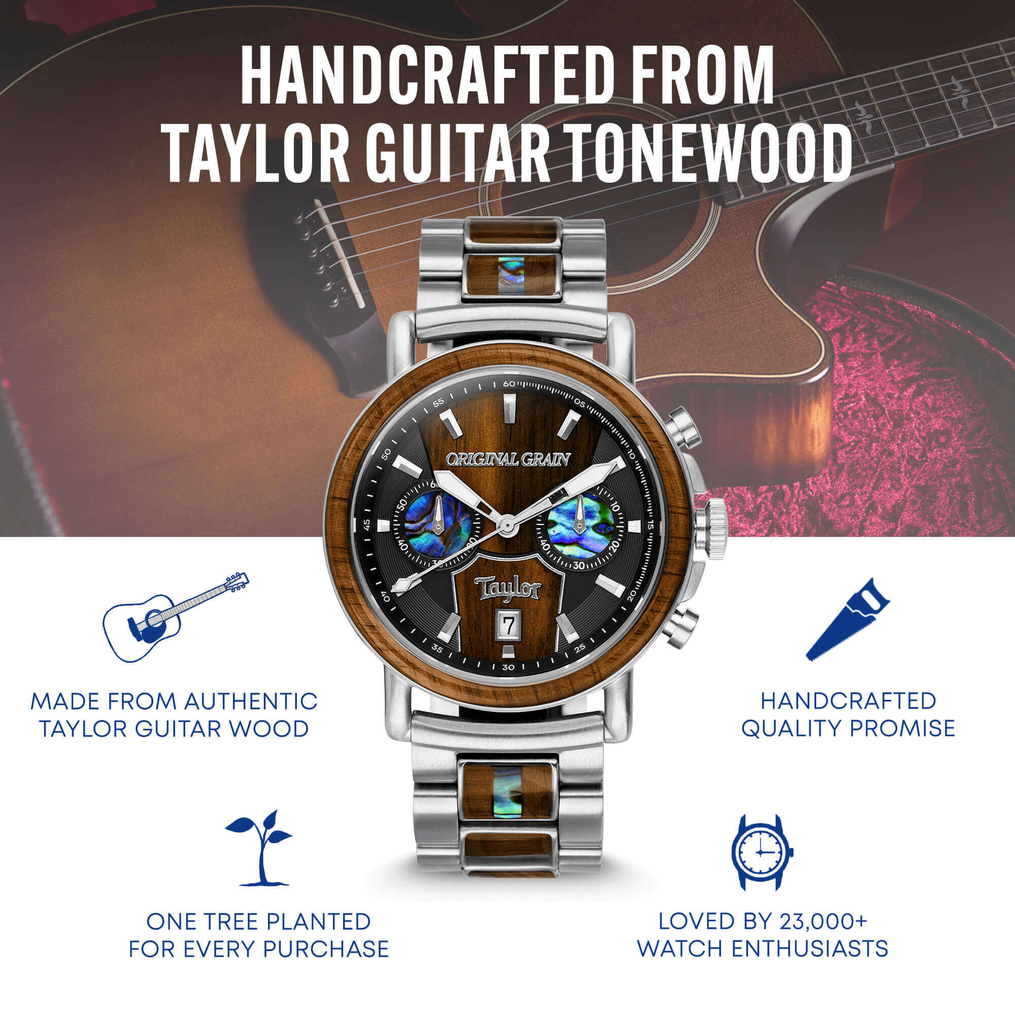 Limited Edition Cameroon Ebony Taylor Guitar Stainless Steel Chrono 44mm - Image 3